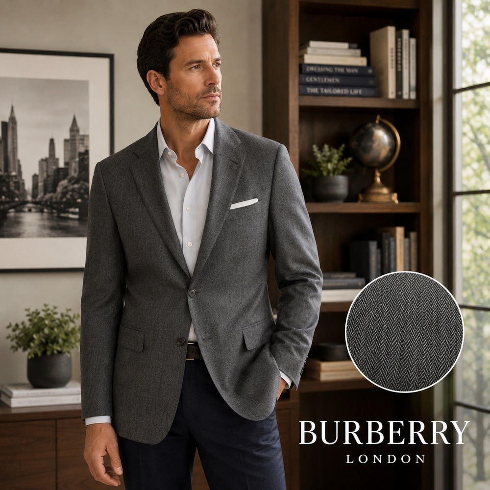 Burberry London Wool Blazer Mens 43L Gray‎ Herringbone Classic Luxury Sport Coat